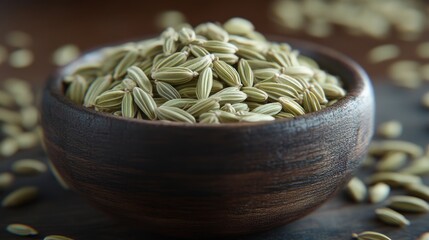 A wooden bowl filled with fennel seeds, surrounded by scattered seeds on a wooden surface.