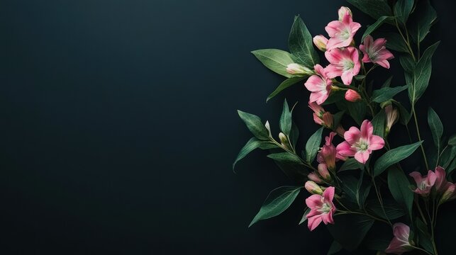 A serene arrangement of pink flowers and green leaves against a dark background.