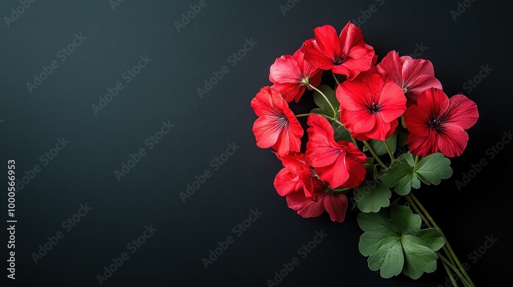 Poster a bouquet of vibrant red flowers with green leaves on a dark background.