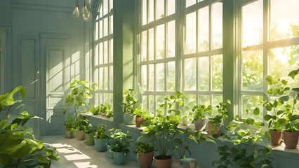 AFlowerpot by the window. Filled with green petals in a plant-encrusted pastel scheme. ai