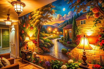 Obraz premium Vibrant Wall Painting Illuminated by Soft Lights Creating a Warm and Inviting Atmosphere at Home