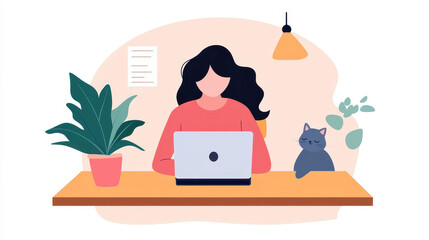 A relaxed woman enjoys remote work, typing on her laptop while her fluffy cat keeps her company in a cozy home office.