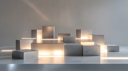 Concrete blocks and smooth metallic rods arranged on a clean white table, illuminated by soft LED lights