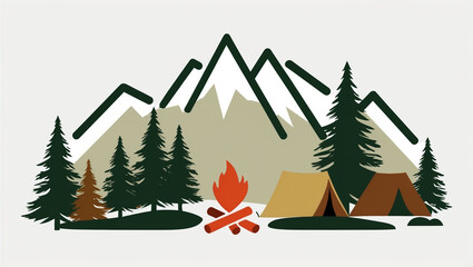 Obraz premium Adventure-themed illustration of a campsite with a tent, campfire, pine trees, and mountains in the background. Perfect for outdoor and nature designs.