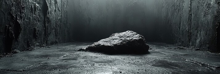 A solitary rock rests in a cavernous space, shrouded in mist and illuminated by a faint light source, the textured walls creating a sense of depth and mystery