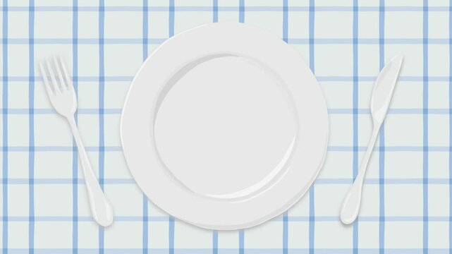 Hand drawn plate with fork and knife on plaid pattern  table cloth background. Animated horizontal loop video. Copy space.