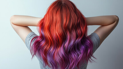 Naklejka premium A woman with purple and red hair is wearing a gray shirt. She has her arms crossed and is looking at the camera