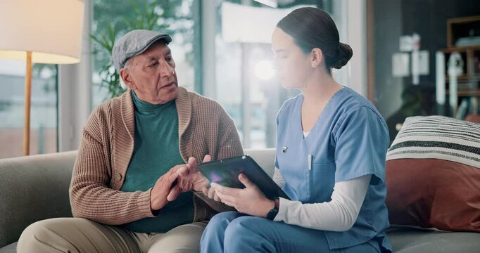 Senior man, tablet and nurse for healthcare, arthritis and back pain on sofa with physical exam in office. Elderly person, tech and caregiver for osteoporosis with assessment and medical consulting