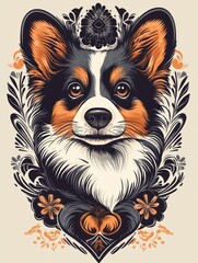 A cute cartoon illustration of a corgi dog with floral design.