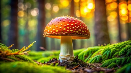 Vibrant Yellow Orange Fly Agaric Mushroom Among Green Moss in a Lush Forest Landscape Setting