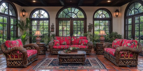 Obraz premium A sunroom filled with natural light featuring wicker furniture and tropical plants, creating a relaxing and inviting atmosphere