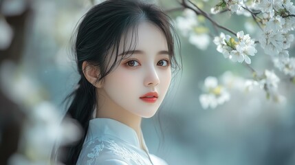 Naklejka premium A graceful woman in a white dress, embodying elegance and vitality, radiating serene beauty and charisma.