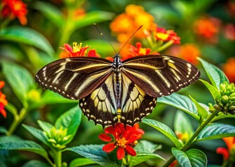 Fototapeta premium Vibrant Zebra Longwing Butterfly in Its Natural Habitat Surrounded by Lush Greenery and Flowers