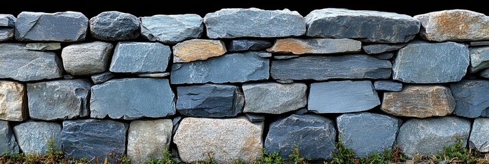 Obraz premium A textured wall constructed from a variety of grey and brown stones, stacked in a random pattern The wall is made of irregular, rough-hewn stones and is framed against a dark background