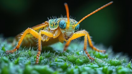 Fototapeta premium A tiny, yellow insect with vibrant blue eyes perches on a dew-laden green leaf, its delicate legs and antennae showcasing intricate details in this magnified world