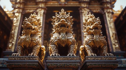 Fototapeta premium Golden Statues of Mythical Creatures in Ancient Setting
