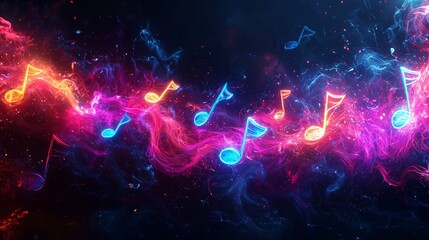 Colorful Neon Musical Notes Floating in Air