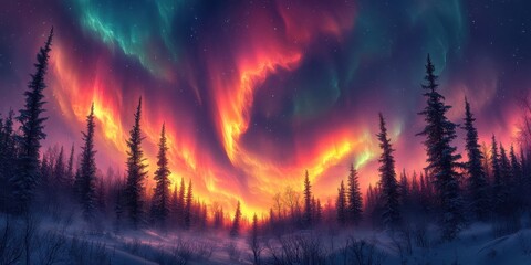 Fototapeta premium A vibrant aurora borealis illuminates the snowy landscape with ethereal hues, casting a magical glow on the tall evergreen trees