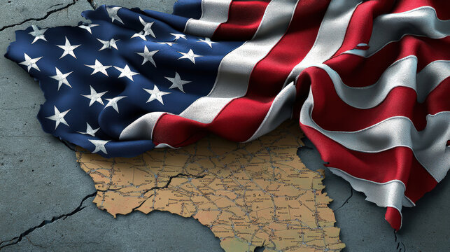 American Flag Ripped on Cracked Concrete Map