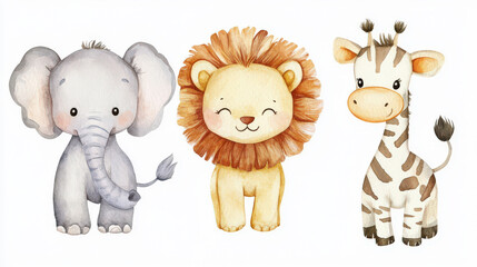 Cute Watercolor Safari Animals   Elephant  Lion and Giraffe Illustration