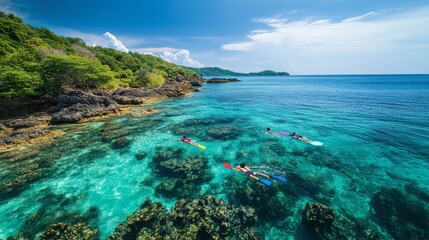 Fototapeta premium A group of tourists snorkeling in the shallow, clear waters of Koh Larn, surrounded by vibrant marine life and coral reefs.