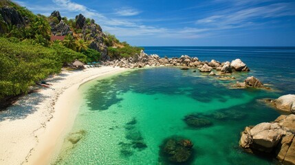Obraz premium A hidden cove on Koh Tao with rocky cliffs and white sand, surrounded by emerald-green waters perfect for snorkeling and relaxing.