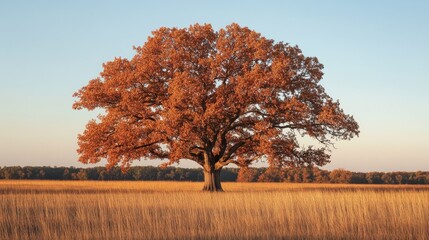 A large oak tree in the middle of a golden field, its leaves turning orange and red in the autumn sunlight, creating a stunning seasonal contrast.