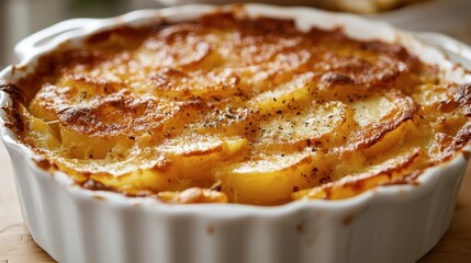 A layered potato gratin with a golden, cheesy crust on top, served in a white casserole dish.