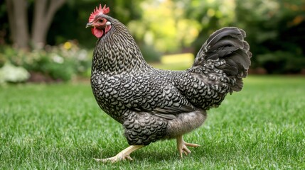 Fototapeta premium A majestic Brahma chicken walking through a grassy yard, its large size and feathered feet creating a striking appearance.
