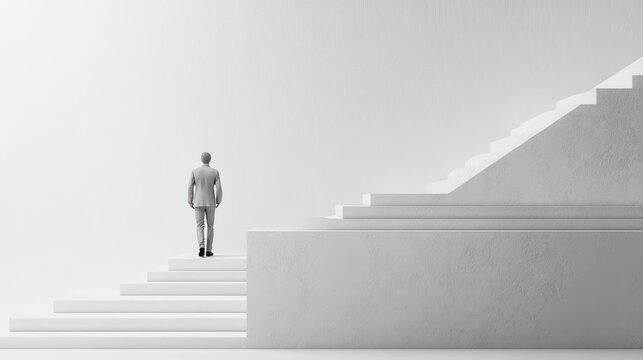Business leader walking up steps, career strategy metaphor, 3D minimalist art, isolated on white background