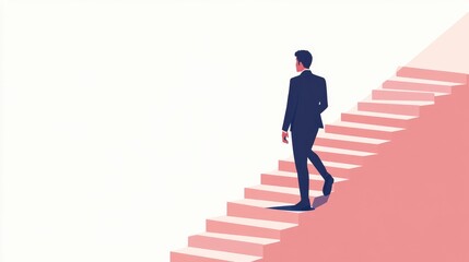 Businessman walking up stairs, growth concept, minimalist illustration, flat design, isolated on white background 