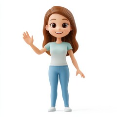 female character waving hand 3d icon in cartoon style
