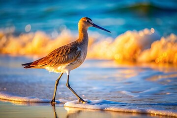 Waddling Gait of a Bird on the Shoreline with Soft Sand and Gentle Waves in the Background