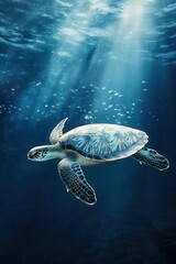 Fototapeta premium A serene underwater scene featuring a large sea turtle gliding effortlessly through the deep blue ocean
