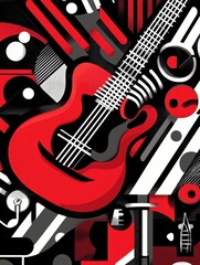 A red electric guitar with white strings is surrounded by geometric shapes, creating a dynamic and abstract composition.