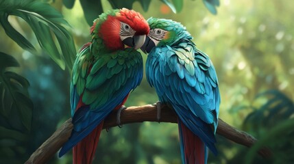 Obraz premium A pair of colorful parrots preening each other on a branch, their feathers blending in vibrant shades of blue, green, and red.