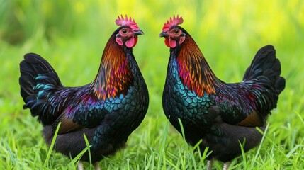 Fototapeta premium A pair of Croad Langshan chickens standing side by side, their dark, glossy feathers contrasting with the vibrant green grass.