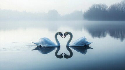 Fototapeta premium A pair of swans gliding elegantly across a serene lake, their necks curved in unison to form a heart shape.