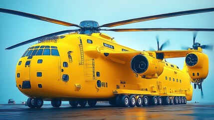 Yellow Cargo Helicopter on Runway with Multiple Wheels