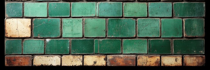 A weathered brick wall with a pattern of green, cream, and brown tiles, showing the passage of time and the enduring nature of materials.