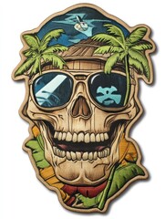 Fototapeta premium A skull wearing sunglasses and a tropical hat with a tropical island scene reflected in the sunglasses.