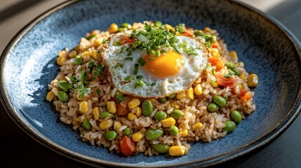 A plate of fried rice with sweet corn, edamame, and scrambled eggs, offering a vegetarian twist on the classic dish.