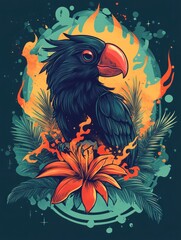 Obraz premium A black parrot with a red beak perches on a tropical flower surrounded by green leaves and fire flames in a circular frame.