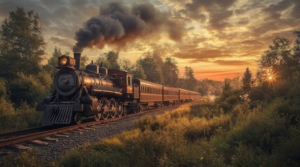 Fototapeta premium A scenic railway winding through the countryside, with a vintage train traveling along the tracks.