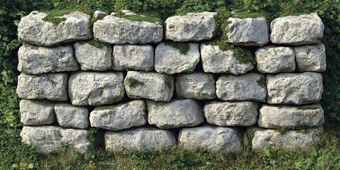 Naklejka premium A rustic stone wall, showcasing the natural beauty of rough-hewn stones, with vibrant green foliage peeking through the gaps.