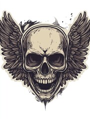 A detailed illustration of a human skull with wings, rendered in a vintage style. The skull is depicted with a menacing expression.