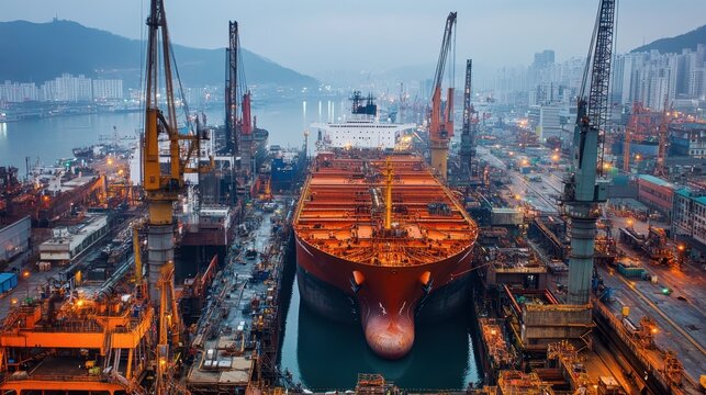 A shipyard in Busan, South Korea, with large vessels under construction, showcasing the scale and strength of the shipbuilding industry.