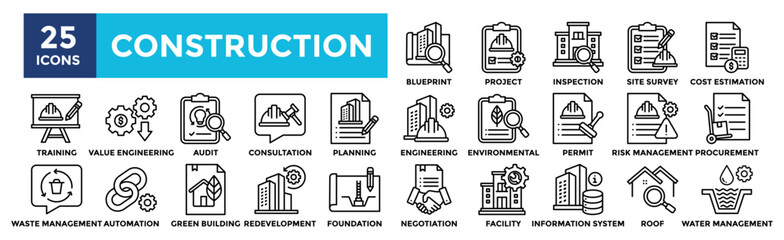 Construction icon collection set. Containing design industry, construction, site, business, safety, architecture