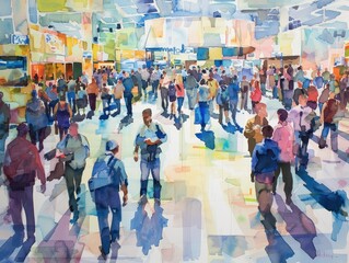 Watercolor paintings of many people visiting the exhibition hall in the building.