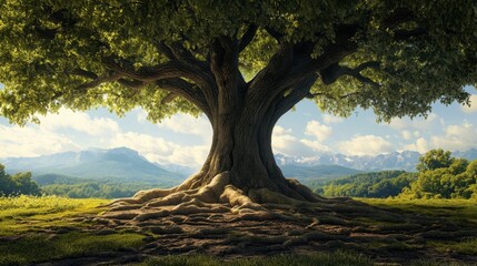 Fototapeta premium A single giant tree standing in an open meadow, its thick roots sprawling across the ground and its expansive branches providing shade on a sunny day.